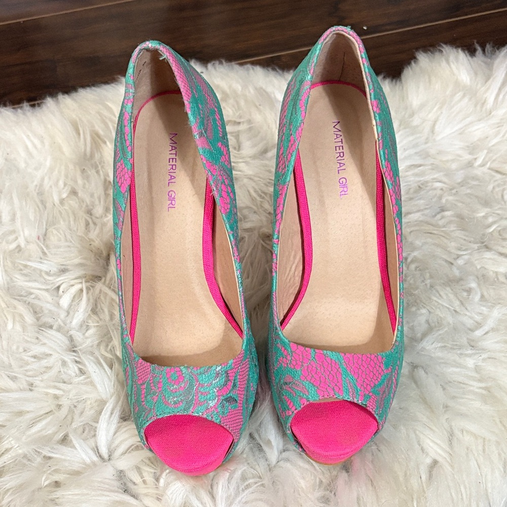 Material Girl Vibrant Pink and Green Lace Heels
